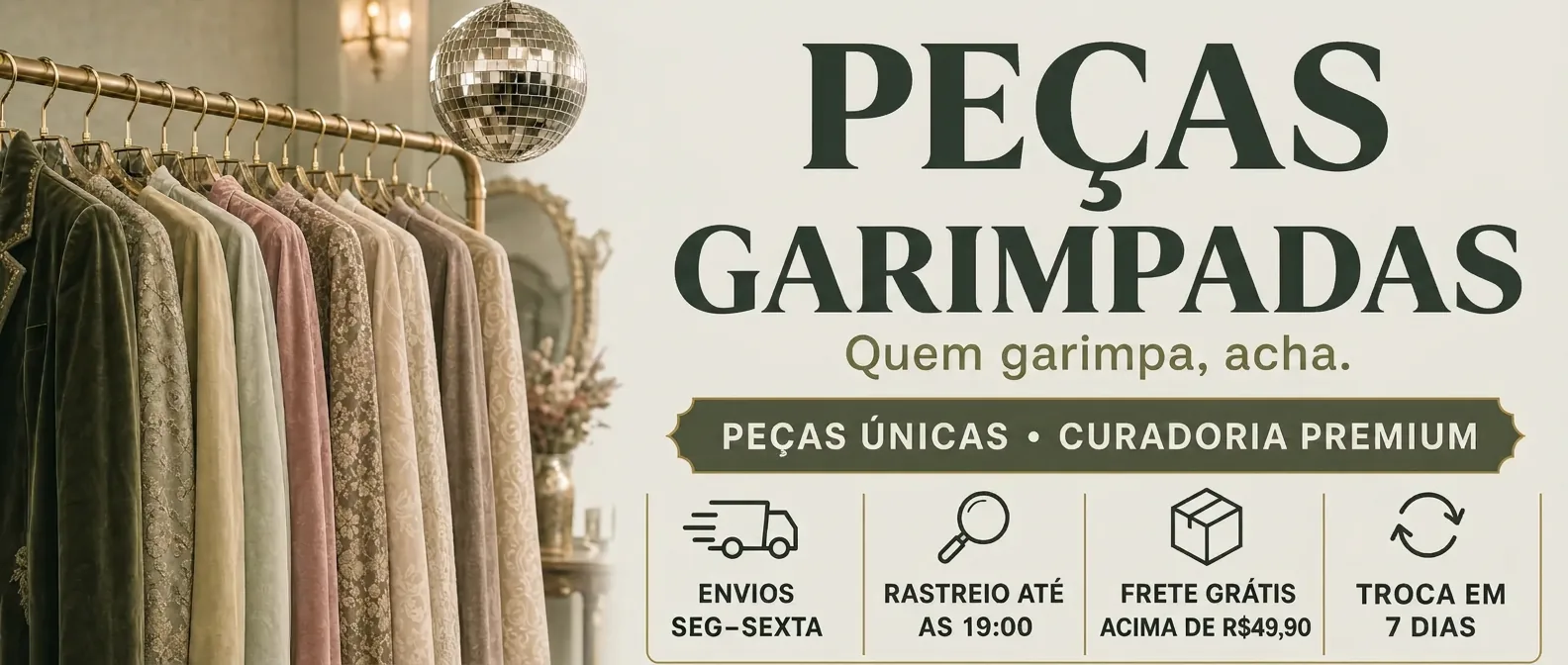 Peças garimpadas — arara de roupas de brechó com envios de segunda a sexta, rastreio até às 19h, frete grátis acima de R$49,90 e troca em 7 dias